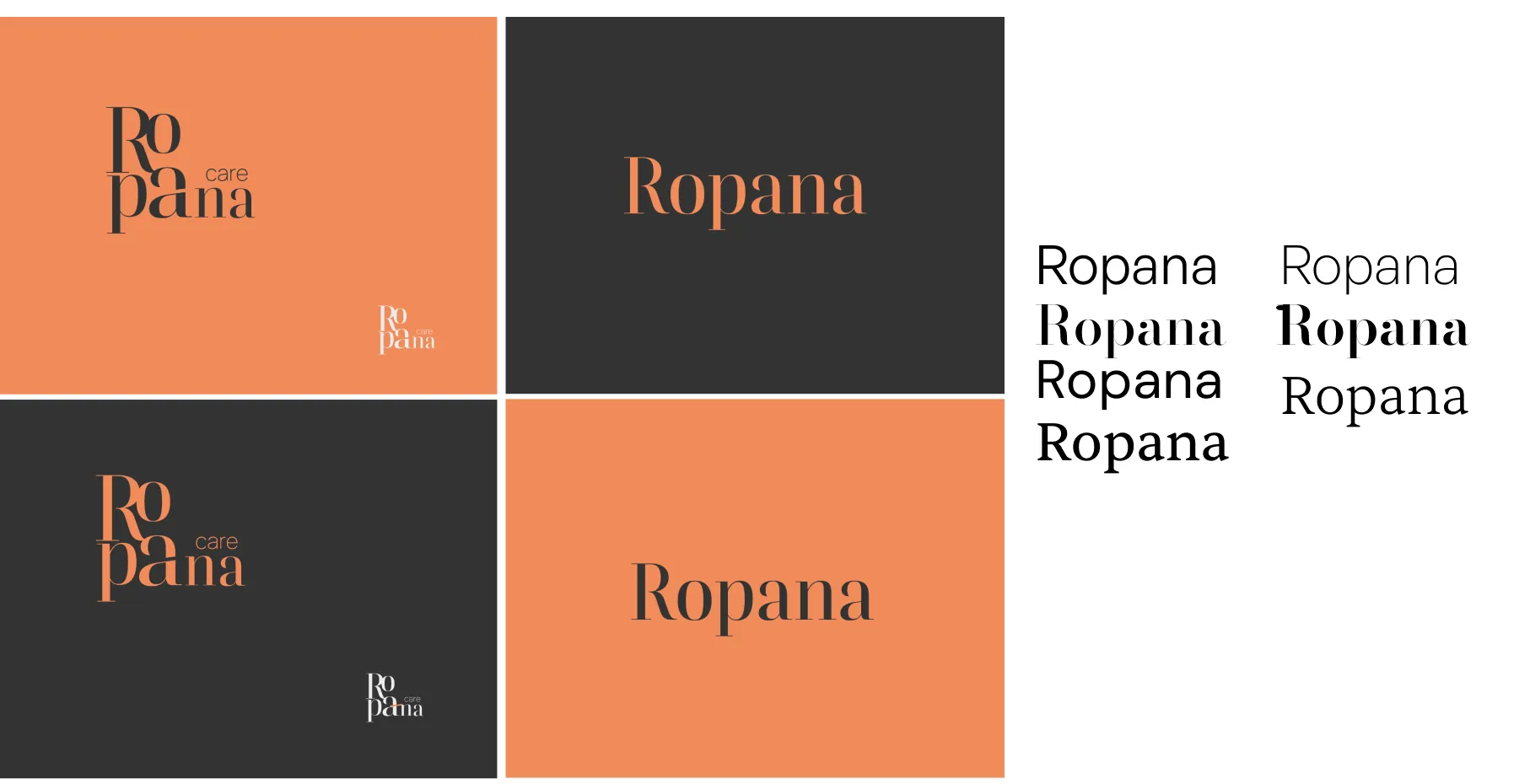 Type and colour trials for the Ropana wordmark