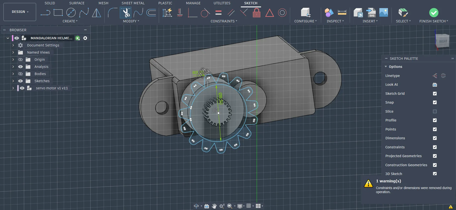 CAD: the helmet shell, the geared visor drive and a rack mechanism