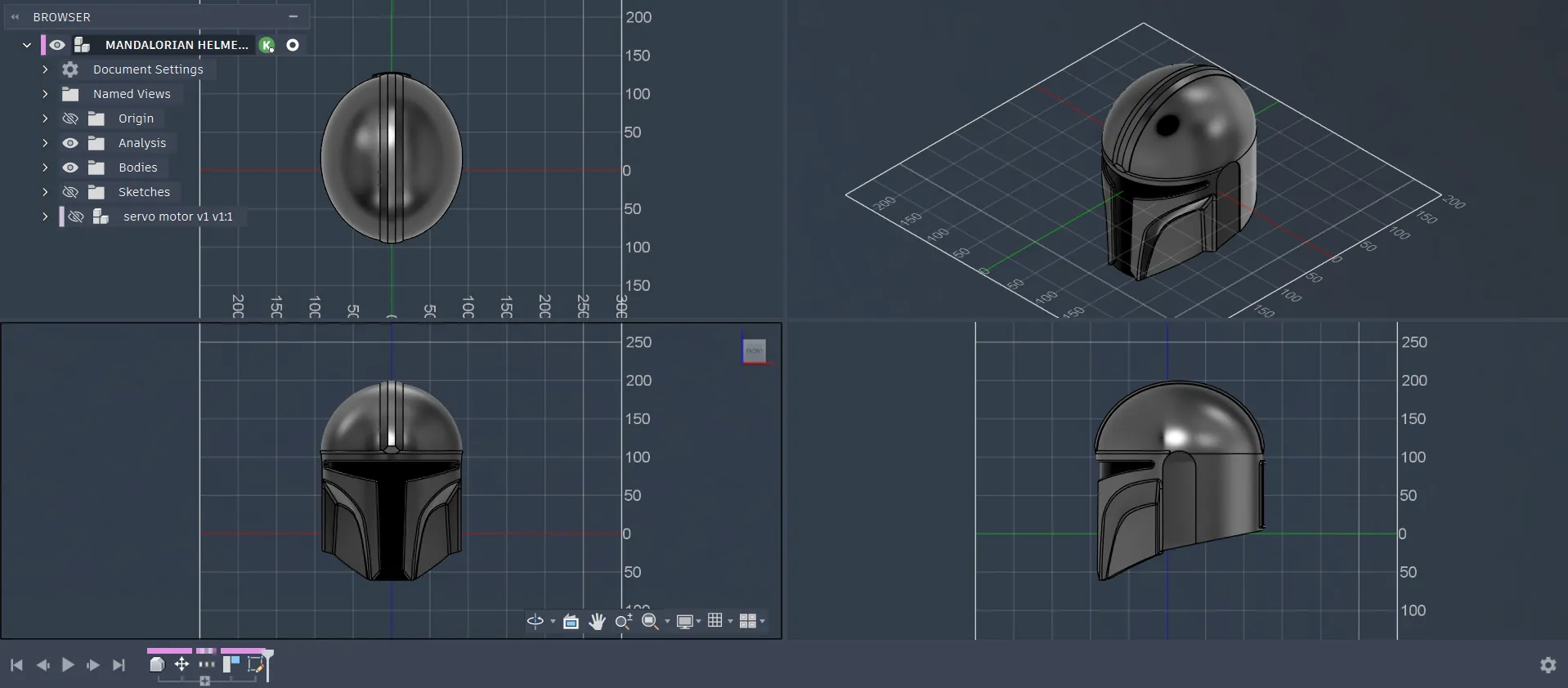 CAD: the helmet shell, the geared visor drive and a rack mechanism