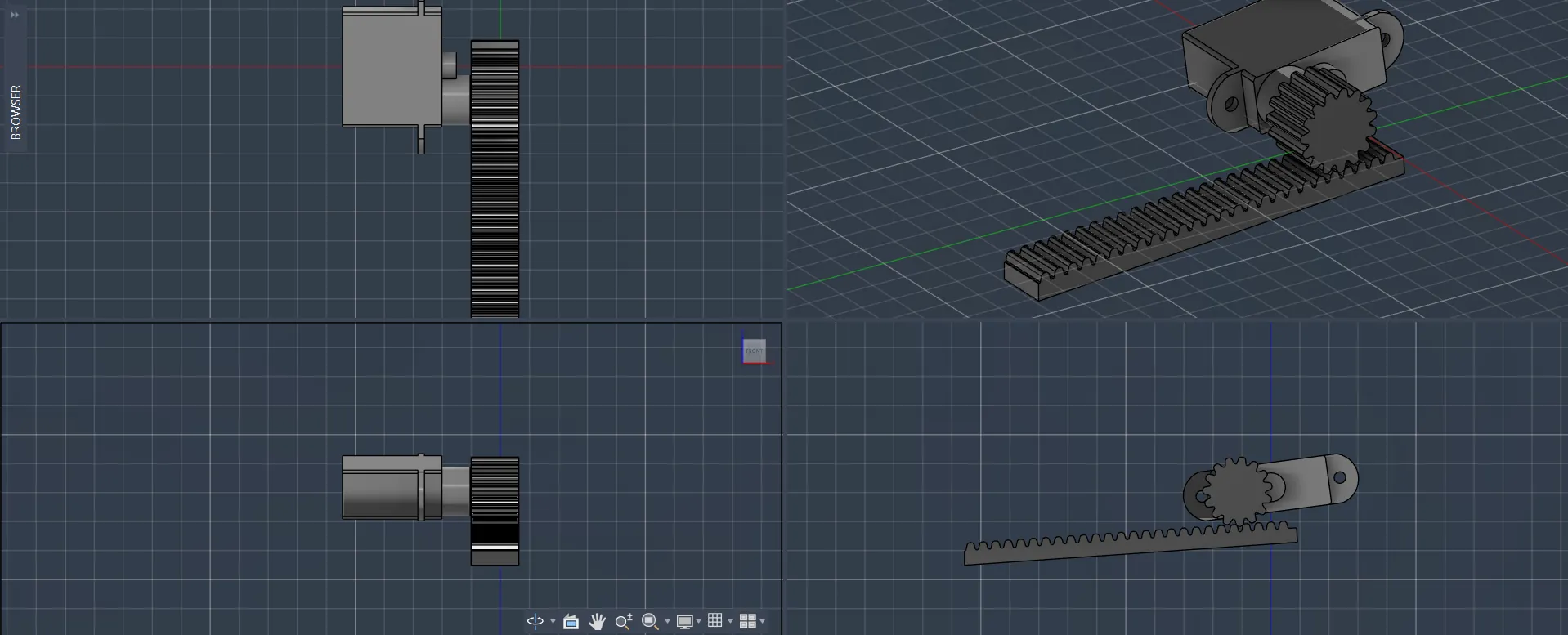 CAD: the helmet shell, the geared visor drive and a rack mechanism