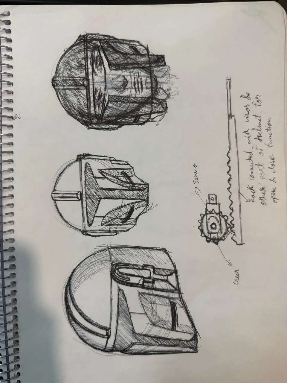 Sketches exploring the helmet form, the visor mechanism and where the electronics could live