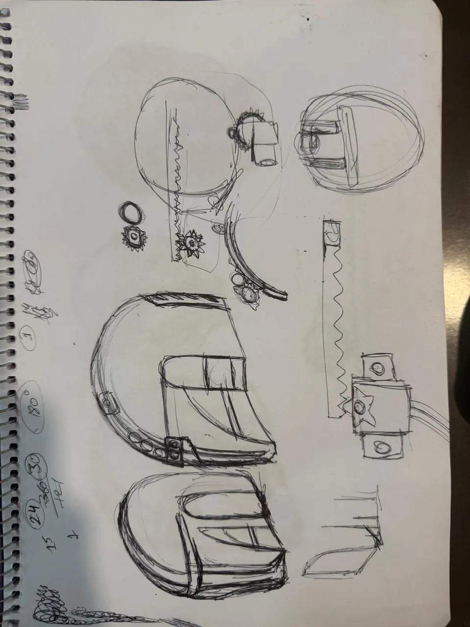 Sketches exploring the helmet form, the visor mechanism and where the electronics could live