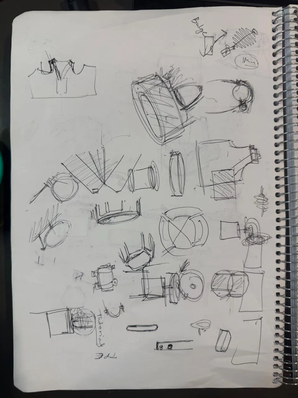 Sketches exploring the helmet form, the visor mechanism and where the electronics could live