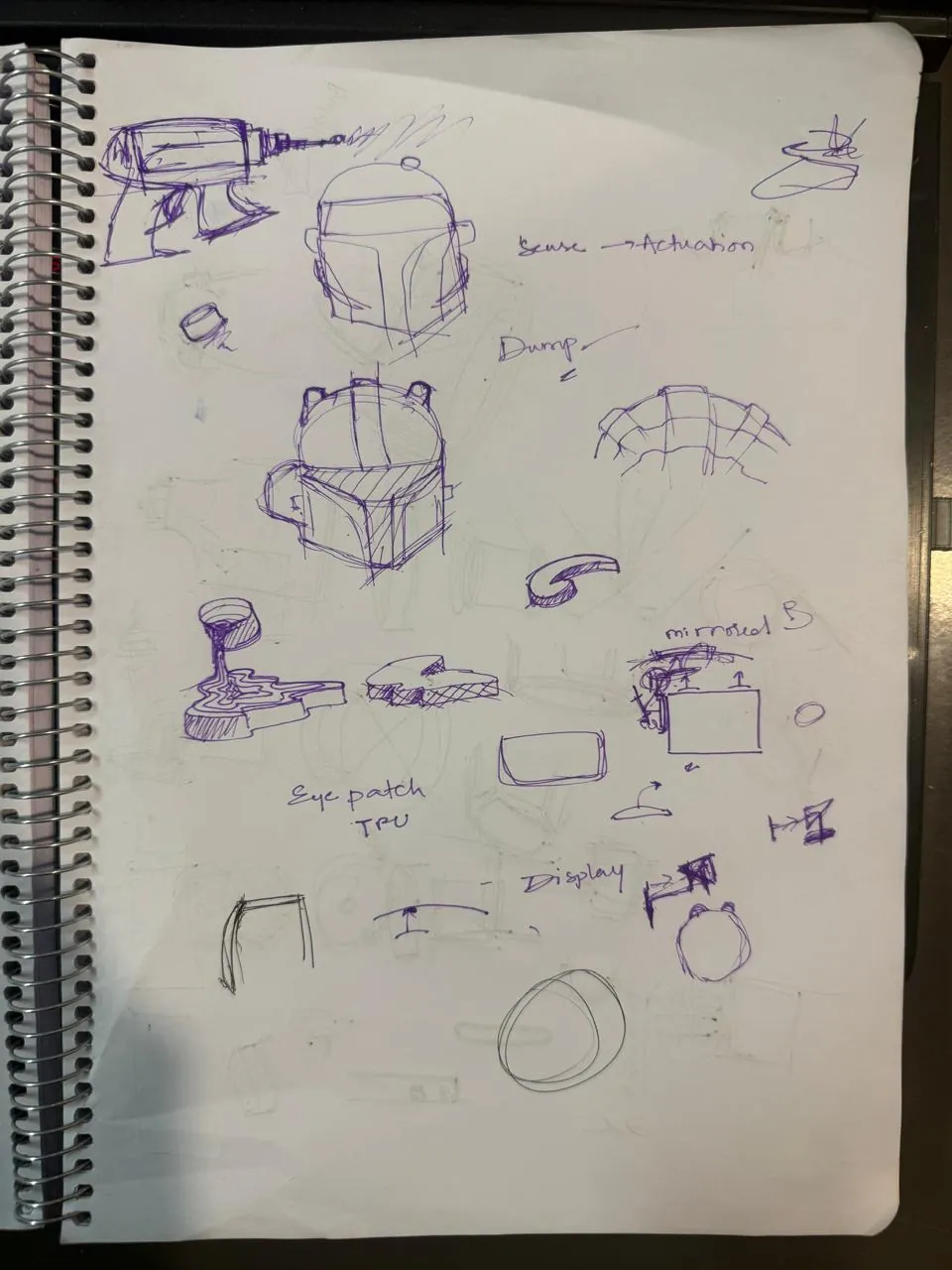 Sketches exploring the helmet form, the visor mechanism and where the electronics could live